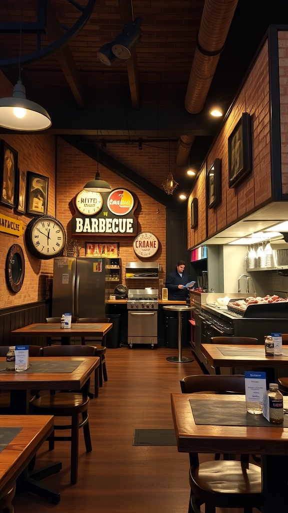 Cozy barbecue restaurant with wooden tables, brick walls, and an open kitchen.